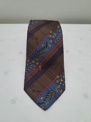 Kenzo Homme Silk Tie. Brown Blue Floral Stripes. 57”x4” - Image 1 of 3