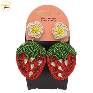 Piper K Hand Beaded Glass Stones Statement Strawberry Earrings 3,25” - NEW - Picture 1 of 3