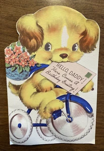 Vintage 1940s Happy Birthday Card Die cut Dog Puppy on Tricycle Bike P2E - Picture 1 of 18