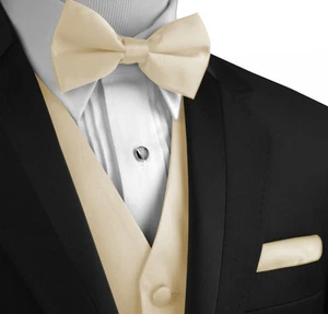 Men's Champagne Satin Formal Tuxedo Vest Bow-Tie Hankie. Wedding Prom Homecoming - Picture 1 of 4