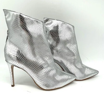 Aqua Metallic Silver Leather Ankle Boots 7 Brazil Pointed Toe Stiletto Booties - Image 1 of 4
