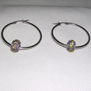Yellow & Purple Austrian Crystal Cylinder Hoop Earrings in Stainless Steel. NEW! - Picture 1 of 7
