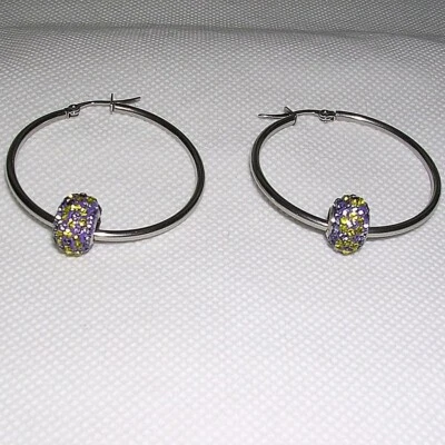 Yellow & Purple Austrian Crystal Cylinder Hoop Earrings in Stainless Steel. NEW! - Image 1 of 4