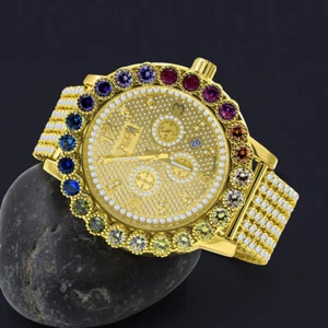 Custom Diamond Time Piece Rainbow Gold Multi Tone Solitaire Set Men's Watch 55mm - Picture 1 of 6