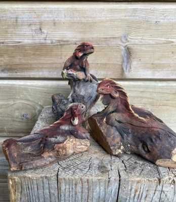 3 Stück Figur Leguan Eidechse Echse Drache modelliert auf Treibholz SONDERPREIS - Bild 1 von 4