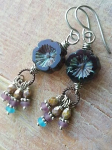 Handmade Artisan Earrings Aloha Flower Purple Gypsy Boho MIxED metals Unique - Picture 1 of 5