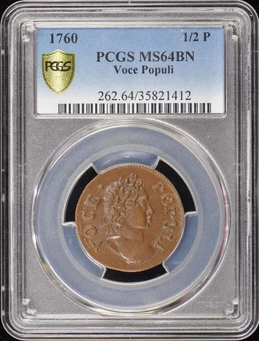 1760 1/2 P Voce Populi Hibernia Colonials Coins PCGS MS64BN Cover
