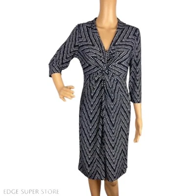 Vestido Donna Ricco NY Negro Blanco Manga 3/4 Elastizado Cuello en V Cremallera Estampado Zag Talla 8 Foto 1 de 4