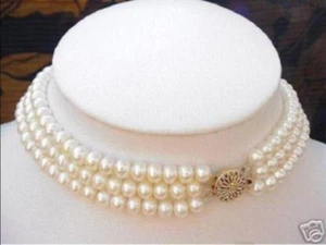 3 Rows 8-9mm Genuine Natural White Akoya Cultured Pearl Choker Necklace 17" - Picture 1 of 3