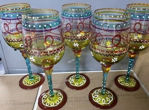 Set Of 5 Pier 1 FESTIVE STRIPE 9" Wine Glass: Red Yellow Green Blue Dots NWT - Picture 1 of 8