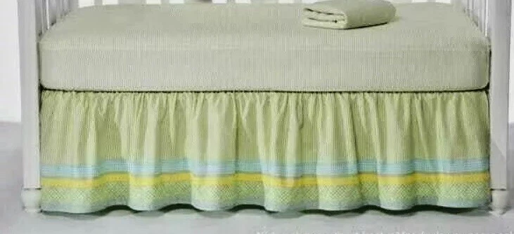 Halo Crib Skirt + 2 Matching Sheets Garden Baby Set Green Blue Striped Boy/ Girl - Image 1 of 4