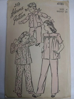 Pajamas Set Shirt Bottoms Pants Girls 4 Advance 4180 Sewing Pattern VTG 50's Cut - Image 1 of 4