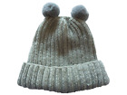 New Lady's Handknit Grey Acrylic Rib Woolly Double Pompom Bobble Hat