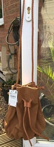 ZARA women’s brown genuine suede LEATHER BUCKET STYLE BAG DRAWSTRING BNWT* - Picture 1 of 20