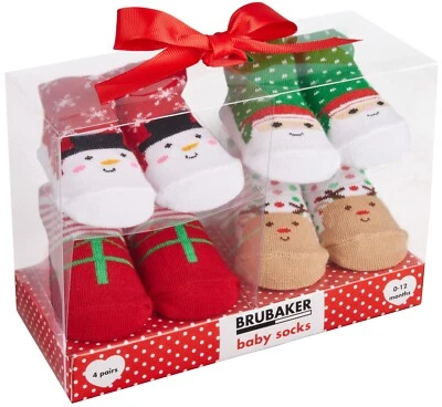 BRUBAKER 4er Geschenkset Babysocken 0-12 Mon Baby Weihnachtssocken Weihnachten