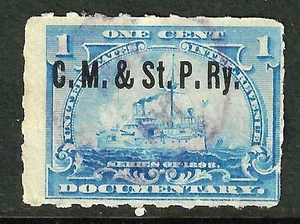 Bold CM & ST P Ry Railroad Cancel Battleship Revenue 1 Cent US 91B62 - Picture 1 of 2
