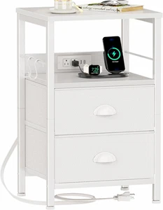 White End Table with Charging Station, Nightstand w/ Fabric Drawers, Side Tables - Picture 1 of 12