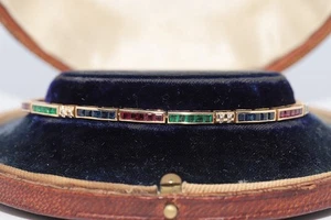 Vintage Circa 1980s 18k Gold Natural Diamond And Emerald Ruby Sapphire Bracelet - Picture 1 of 20