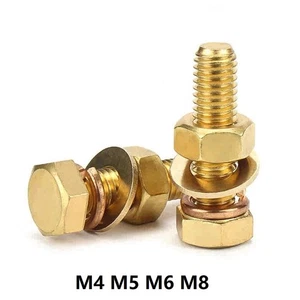 Solid Brass Hex Head Screw Bolt With Flat / Spring Washers & Hex Nut M4 M5 M6 M8 - Picture 1 of 4