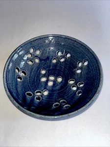 Studio Pottery Stoneware Colander Berry Bowl Strainer Cobalt Blue 8” - Picture 1 of 9