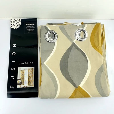 Eyelet Lined Curtains100% Cotton in a grey and ochre yellow 117x137cm retro  - Image 1 of 4
