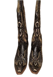 Corral Damenstiefel schwarz & gold mit Kreuzflügeln Größe 8,5 M A1967 Leder Eidechse - Bild 1 von 10