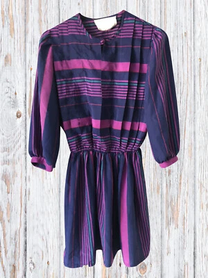 Vestido Jonathan Martin Vintage Manga 3/4 Rayas Plisado Años 80 Azul Magenta Talla 6 Foto 1 de 4