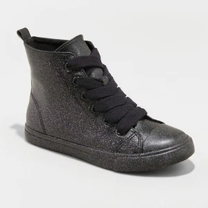 NEW Girls' Mascara Glitter High Top Sneakers - Cat & Jack Midnight Black Glitter - Picture 1 of 7