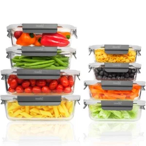 Glass Storage Food Containers Airtight Lids Kitchen Meal Prep Containers 8Pcs - Picture 1 of 7
