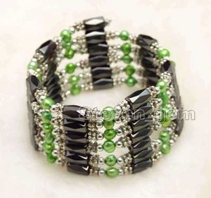 4-5mm Light green Baroque Natural Pearl and Hematite Magnetic 38'' Bracelet-352 - Picture 1 of 27