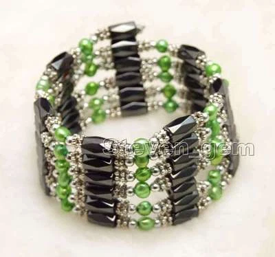 Pulsera Magnética 38"" Perla Natural Barroca 4-5mm Verde Claro y Hematita-352 Foto 1 de 4