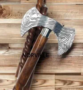 Vintage Style Brass Axe Head Handle Nautical 37" Wooden Walking Stick Cane Gift - Picture 1 of 6