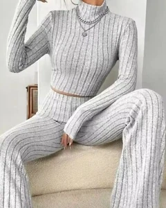 tracksuit size large women sweater outfit gray high rise pants top 2 pieces new - Picture 1 of 5