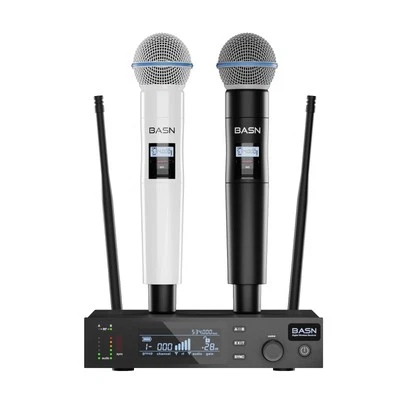 BASN UHF Sistema Microfonico Wireless a Doppio Canale, Microfoni Portatile per Palco, Ka... - Immagine 1 di 4