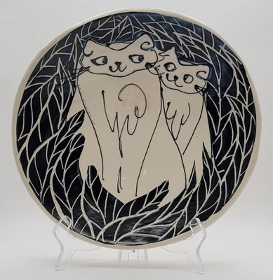 ÚNICO Par de Gatos Anidados en Hojas en Cuenco Decorativo de Cerámica Poco Profundo 10.5" D Foto 1 de 4