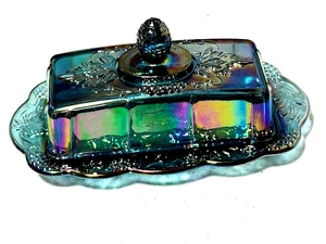 VTG INDIANA IRIDESCENT BLUE CARNIVAL GLASS HARVEST GRAPE BUTTER DISH - Bild 1 von 6