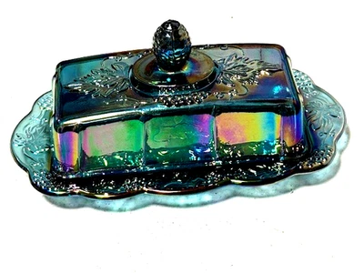 VTG INDIANA IRIDESCENT BLUE CARNIVAL GLASS HARVEST GRAPE BUTTER DISH - Image 1 of 4