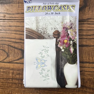 Fairway Needlecraft Stamped Butterfly With Vines Pair Of Pillowcases NIP 83031 - Image 1 of 4