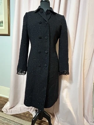 Georgiou Studio Women’s Size 8 Coat Double Breast Midi Black Gold Threads Lined - Image 1 of 4