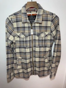 Superdry Co JPN Herren Karo Flanell Zip Jacke Hemd Gr. Small Beige Blau Kariert - Bild 1 von 9