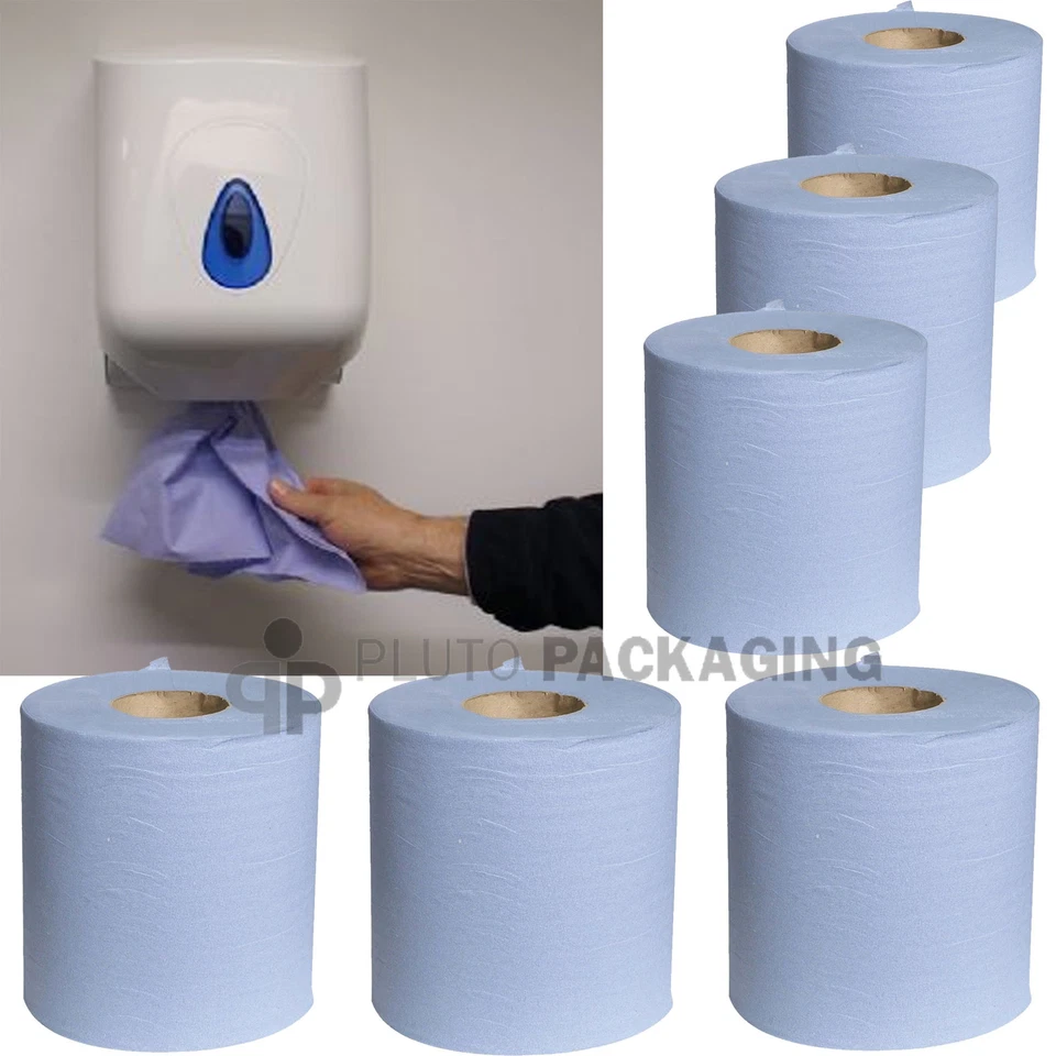 PPD CASE OF 6 x 2 PLY EMBOSSED BLUE CENTRE FEED PAPER ROLLS & DISPENSER