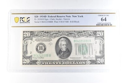 1934 D $20 New York NY FRN Fr#2058-B Choice Unc 64 PCGS *6081 - Image 1 of 3