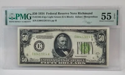 1934 $50 Fr#2102-Elgs Federal Reserve Note Richmond EPQ 55 (Light Green) - Image 1 of 2