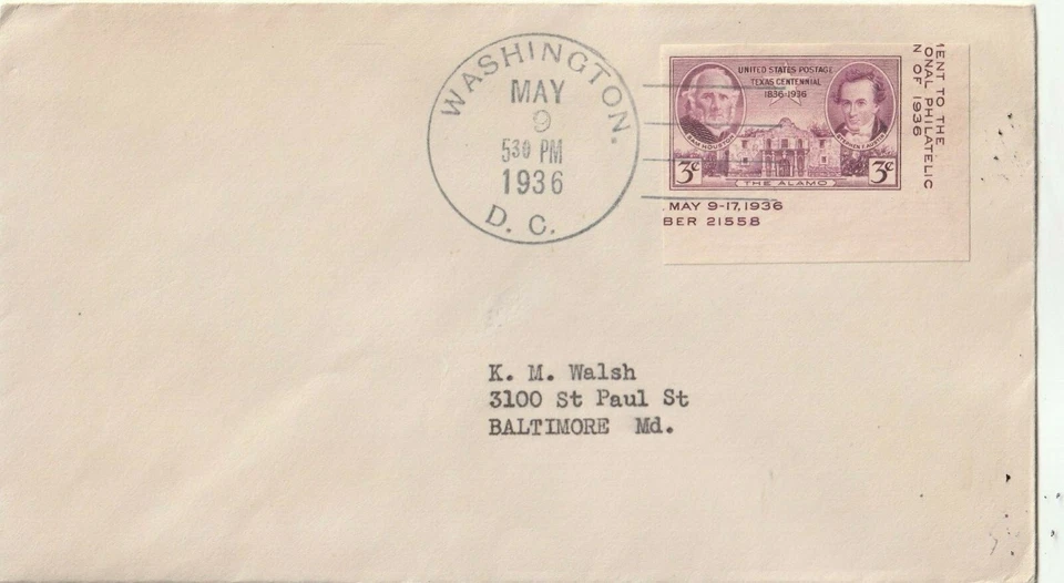 FREE SHIPPING-1936 ENVELOPE WITH Texas Centennial  STAMP - Image 1 of 1