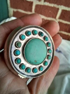 ANTIQUE CHINESE SILVER TURQUOISE CABOCHON SNUFF PATCH BOX OLDER ESTATE - Picture 1 of 11