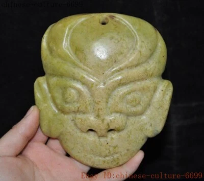 4"" Cultura Hongshan Antiguo Jade Extraño Cabeza de Ganado Rostro Humano Máscara de Sacrificio Estatua Foto 1 de 4