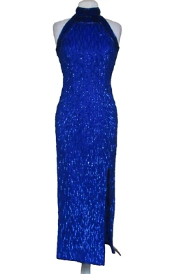 Vestido vintage Laurence Kazar coluna pequeno azul lantejoulas seda - Imagem 1 de 4