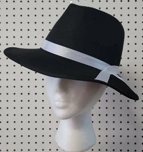 Black Gangster Hat Adult Felt Fedora White Hatband Mobster Mafia Capone Bugsy - Picture 1 of 4