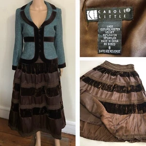 CAROLE LITTLE Brown Tiered Midi Skirt Sz 8 Satin Velvet Lace Boho Peasant Gypsy - Picture 1 of 14