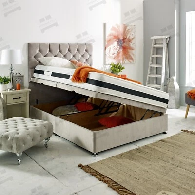 RICHMOND BEDS Upholstered Chesterfield Storage Ottoman Bed Frame Divan Base 51" Tall Headboard